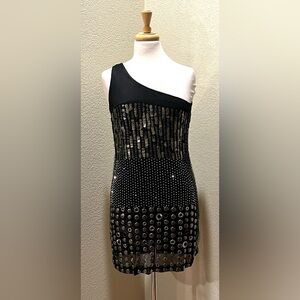 Alice + Olivia Studded Liquid Gunmetal One Shoulder Bodycon Mini Dress Black M